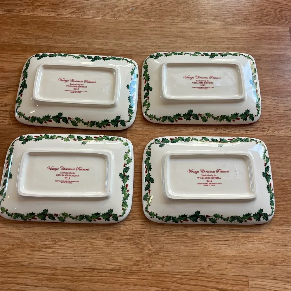 Williams Sonoma 2012 Vintage Christmas Postcard Plates Set Of 4 Holly 7×5 Tray